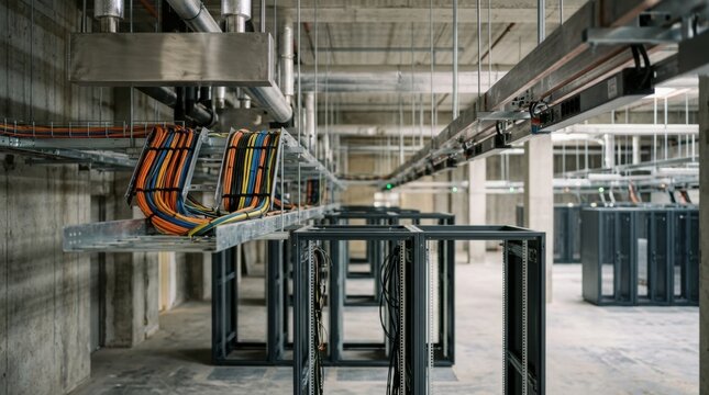 growing data center with empty server cabinets, cooling manifolds, fiber optic bundles, and overhead power busbars in a shell building