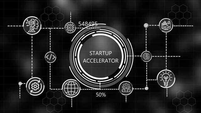  A glowing icon, and manufacturing process startup accelerator all connected in a digital circuit like pattern. dark tech setting shows smart technology,  interface, marketing strategy.