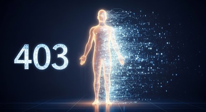 Digital Human Silhouette Disintegrating into Particles with 403 Forbidden HTTP Error Code Background