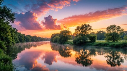 Naklejka premium Sunrise paints sky with orange and pink clouds over calm river reflecting trees and green banks. Morning mist rises from water, creating peaceful nature landscape.