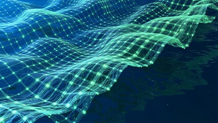 Naklejka premium A glowing green digital grid floats above dark water, creating a futuristic network effect.