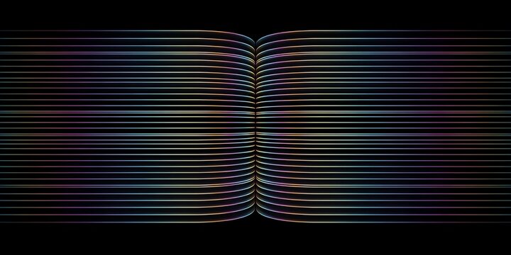 Vibrant neon glowing curved lines abstract geometric background, sleek colorful holographic light stripes on dark backdrop for tech media and futuristic web design.
