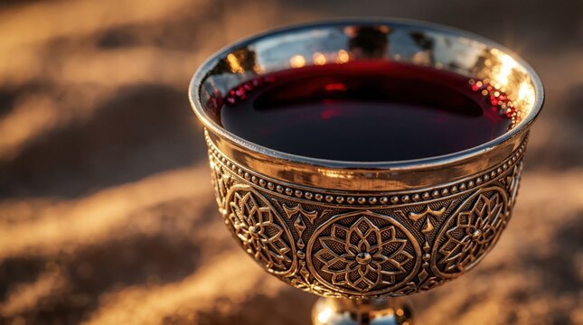 Silver kiddush cup filled with red wine sits in golden sunset light. Ornate metal goblet used for Jewish ritual during Shabbat Passover. Sacred drink symbol of religious tradition, holy blessing in
