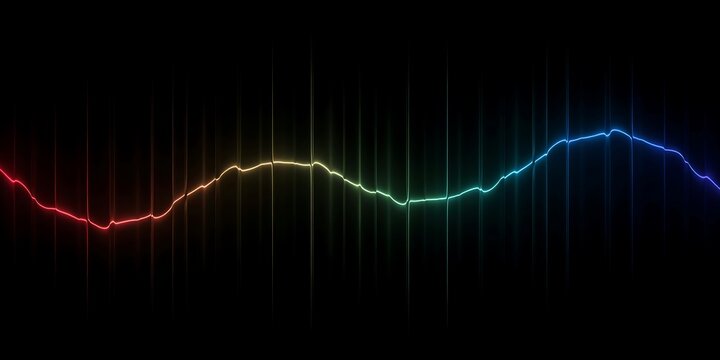 Vibrant glowing multi-colored neon audio wave graphic equalizer design with striking red yellow green blue light lines on dark background for modern technology concepts.
