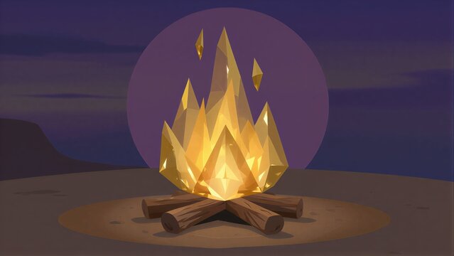 Golden fire blaze atop logs, glowing under a purple twilight sky.