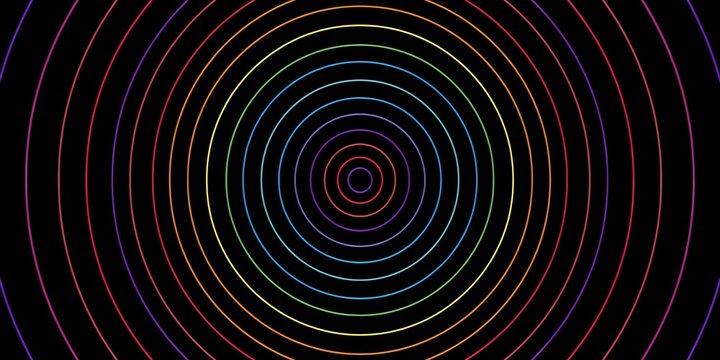 Vibrant neon rainbow concentric circles pattern on dark background. Hypnotic glowing futuristic tunnel rings graphic design asset for modern digital web projects.