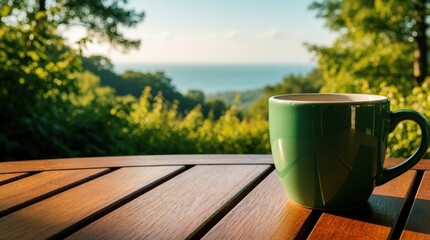 Fototapeta premium Green ceramic mug sits on wooden table outdoors. Scenic ocean view with rich trees in background. Morning coffee break in nature with calm sea view. Peaceful lifestyle concept for relaxation at