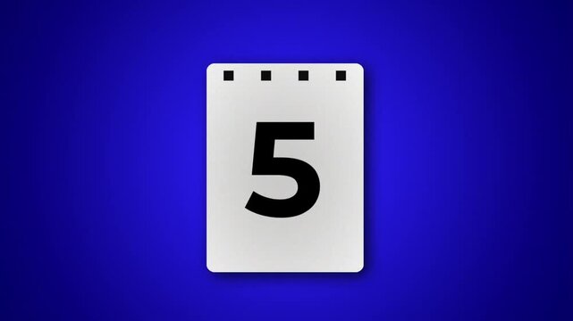 3D calendar page flip countdown animation from 1 to 5 featuring a white notepad sheet peeling away on a deep blue gradient background