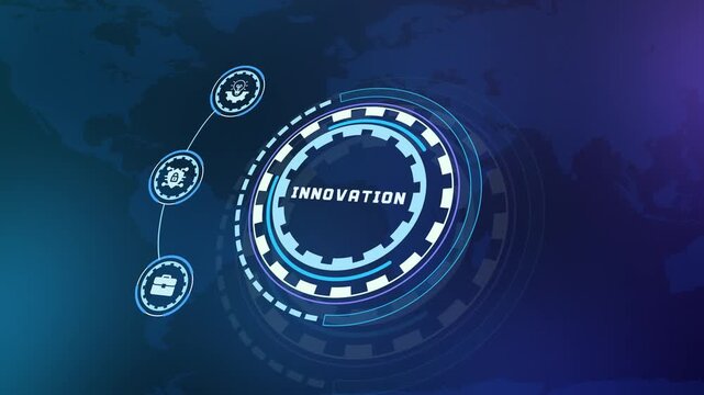 Innovation process concept with futuristic circular interface and connected gears for creative thinking, experimentation and advancement.