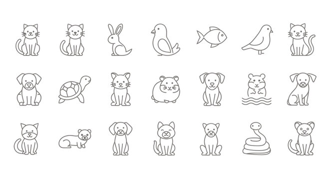 Collection of simple line art animal icons in various poses for graphic design and websites.