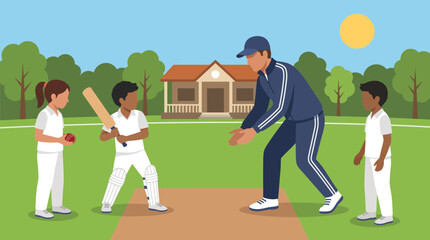 Obraz premium Cricket Coach Training Young Players On Field