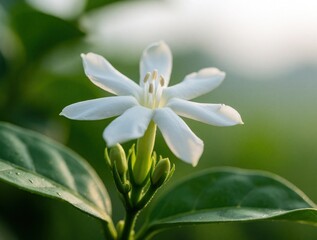 Obraz premium Macro view of white jasmine flower blooming in garden. Fresh Jasminum multiflorum petal with green leaves under soft morning sunlight. Small bud grows on plant stem in nature, beautiful floral