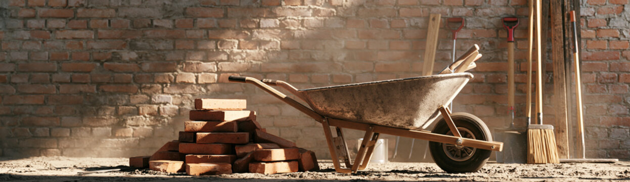 A rustic wheelbarrow rests on a concrete floor beside a stack of red bricks and construction tools against a rough brick wall.