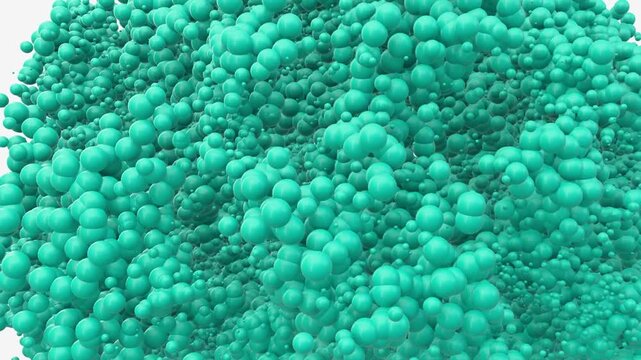 Monochrome 3d animation of a teal bubble cloud made of glossy spheres. Seamless looping motion with a clean minimal aesthetic for abstract backgrounds.