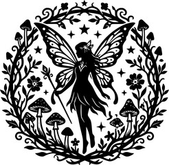 Fototapeta premium Fairy silhouette with wings and magic wand in a floral mushroom forest circle frame