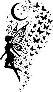 Fairy silhouette with butterfly wings and crescent moon vector illustration
