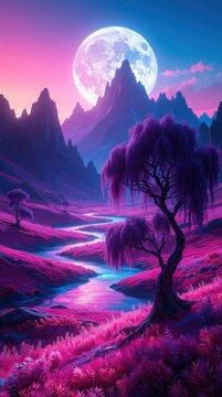 Fantasy landscape with giant moon over purple mountains. Pink river flows through magic forest with willow trees. Dreamy scenery shows colorful hills, misty valley under night sky. Vibrant digital