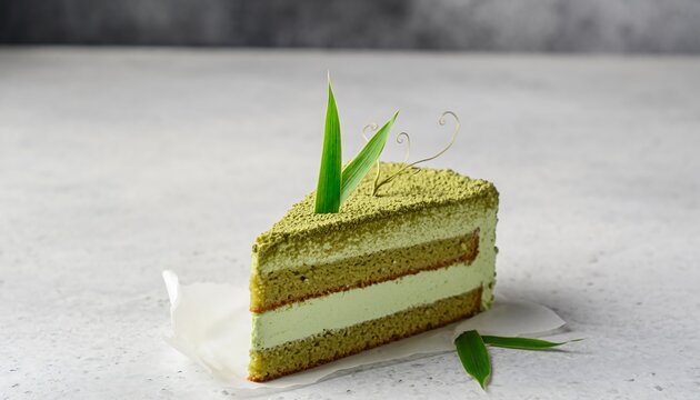 A slice of matcha green tea cake with white cream and green leaves on top, placed on a white surface