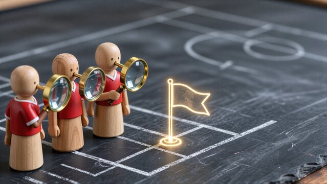 Wooden figures with magnifiers examine a glowing flag on chalkboard game board.