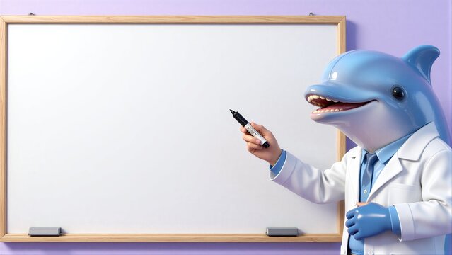 Dolphin scientist smiles, holding marker near blank whiteboard in a purple room.