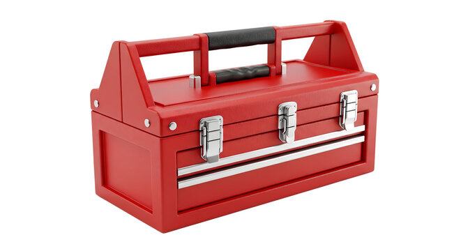 Red metal toolbox with drawers and handle isolated on white background