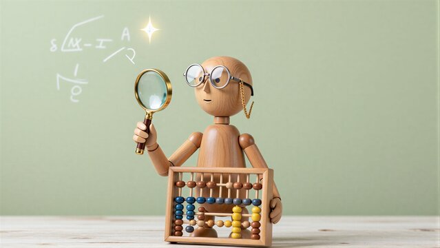Wooden figure with glasses and magnifying glass examines abacus against math equations backdrop.