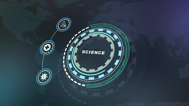 Digital science tech background with HUD circle interface displaying scientific research icons.