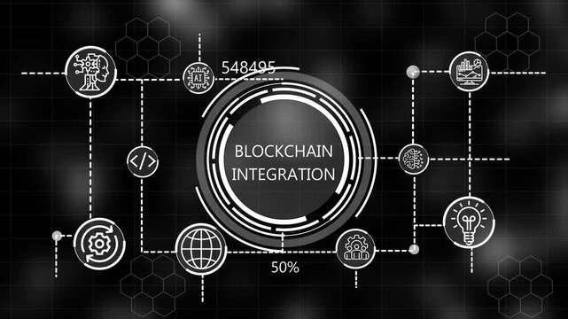  A glowing icon, and manufacturing process blockchain integration all connected in a digital circuit like pattern. dark tech setting shows smart technology,  interface, marketing strategy.