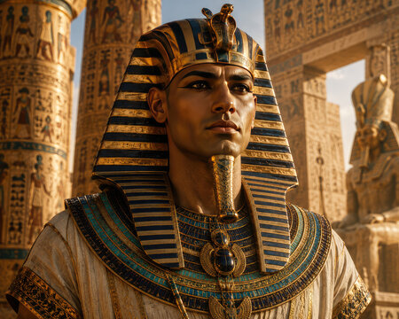 Ancient Egyptian Pharaoh Portrait in Royal Nemes Headdress and Golden Temple