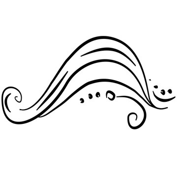 Hand drawn ocean wave composed of layered flowing lines with a distinctive spiral curl and floating bubbles. A decorative coastal illustration with a natural sense of movement.