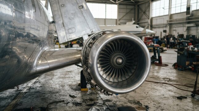 Turbine aircraft components including jet engine nacelle, compressor blades, wing panel, and fuselage parts in a hangar.