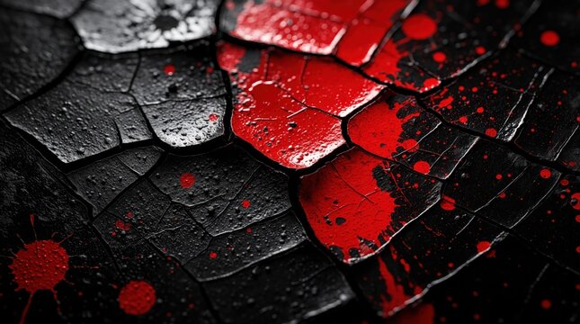 Cracked black surface with red paint splatters creates rough abstract texture. Dramatic contrast highlights distressed graphic design element. Closeup macro view of broken pattern.