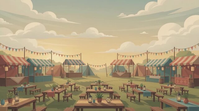 Empty outdoor market fairground with tents, tables, and banners under a cloudy sky at sunset.