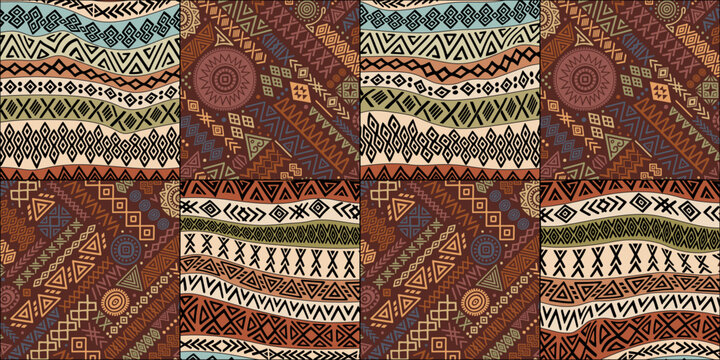 Seamless ethnic pattern, geometric hand-made ornament, ethnic background, vector print