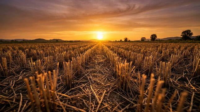 Harvested golden wheat field stubble stretching toward glowing orange sunset representing agricultural cycle and farming autumn.