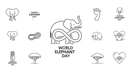 Obraz premium World Elephant Day Celebration Icons Set - Elephant, Peanut, Tree, Footprint