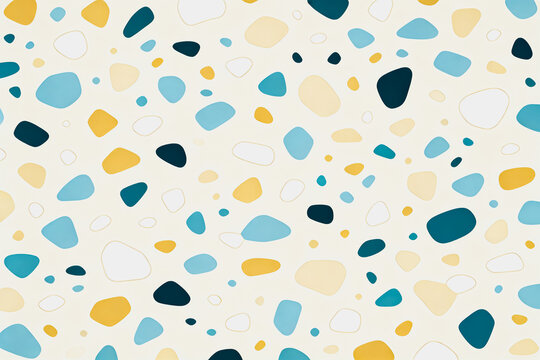 A soft terrazzo-inspired pattern with irregular pastel blue, yellow, and white tiles on a light cream background, flat graphic design.