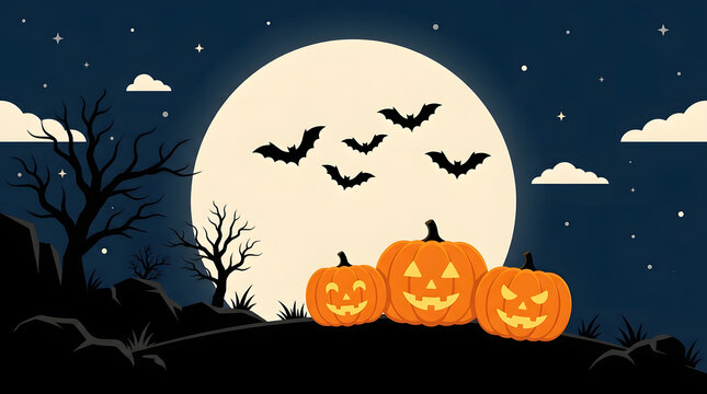 A spooky halloween background featuring glowing jack o lanterns under a large full moon with flying bats at night