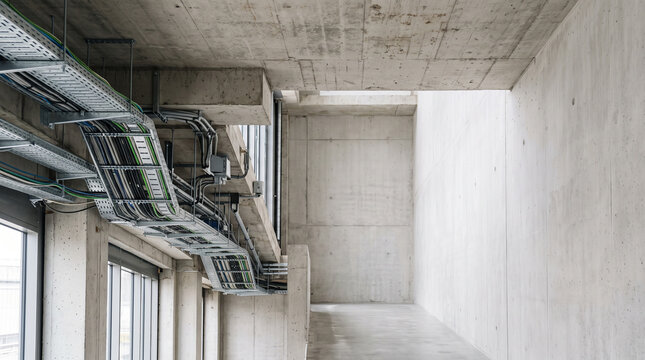 Industrial electrical conduit installation with metal brackets and wiring in unfinished ceiling space