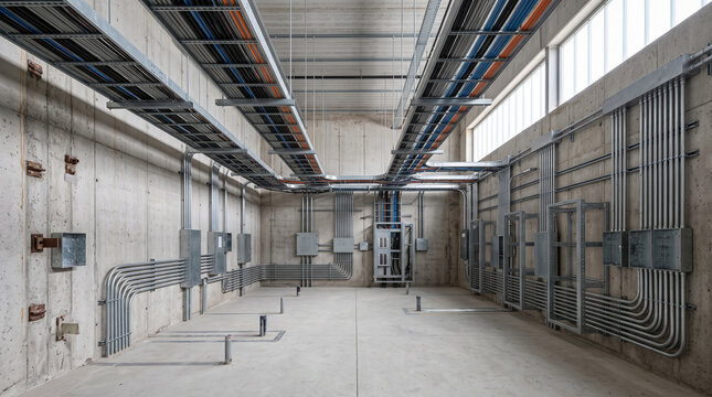 Modern industrial warehouse interior with exposed concrete and steel beams under construction