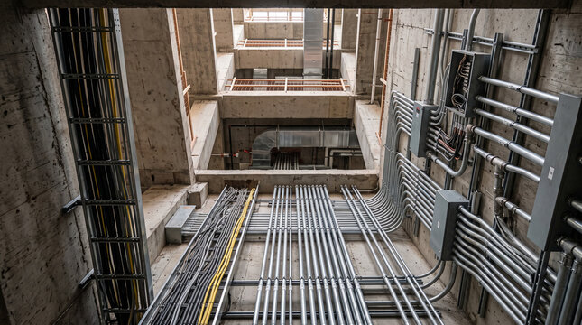 Vertical electrical service shaft with conduit pipes and wiring in commercial construction site