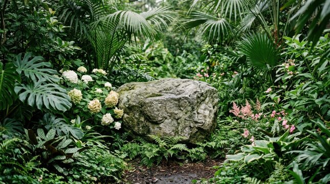 Large mossy boulder sits nestled within a lush tropical garden filled with sprawling ferns exotic monstera leaves and blooming white hydrangea flowers creating a serene natural sanctuary