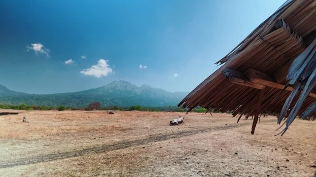 Thatched Roof Hut Overlooking Arid Savannah Field and Mountain Landscape