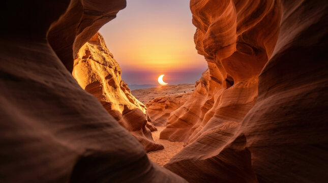 Narrow slot canyon sandstone walls illuminated by crescent solar eclipse sunset creating mysterious golden desert landscapes.