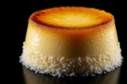 Brazilian quindim custard dessert with coconut flakes on black background. Yellow egg yolk pudding topped with caramel glaze sits on white shredded coconut. Traditional sweet gourmet food for