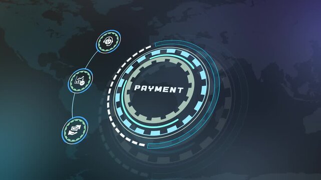 Digital payment technology concept with secure financial transactions, connected commerce services, electronic processing, cashless solutions and online business.