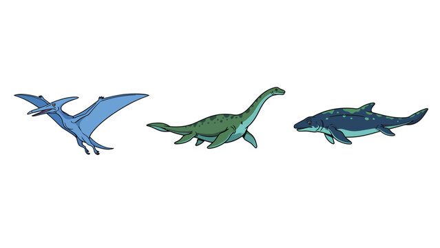Three prehistoric marine and flying reptiles depicted in a simple cartoon style.