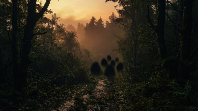 Ominous dark entities hover in misty forest during golden hour sunset creating spooky woodland scenery for supernatural concepts.