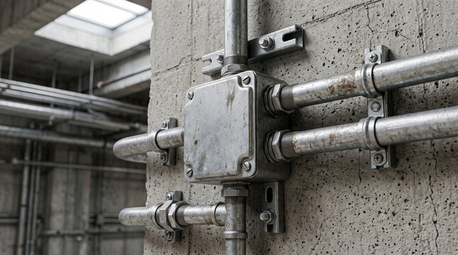 Industrial metal conduit junction box with pipes on concrete wall for electrical wiring installation