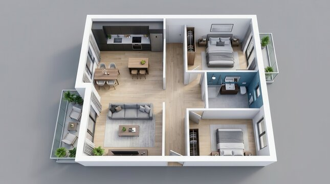 A comprehensive architectural visualization displays the complete layout of a two bedroom residential apartment unit featuring a living area and dining space plus kitchen with two balconies